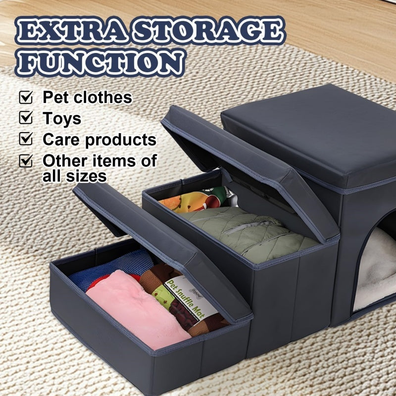 Foldable Dog Stairs With Storage - 3-Level Small To Medium Dog Breed Ramp, Oxford Fabric, Suitable For High Beds And Sofas, Pet Ladder, Dog Stairs