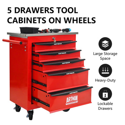 5 Drawers Multifunctional Tool Cart With Wheels,Metal Rolling Tool Cart Storage For Garage Workshop Warehouse Repair Shop - With Stainless Steel Roof - Red  Black - 5 - CJ