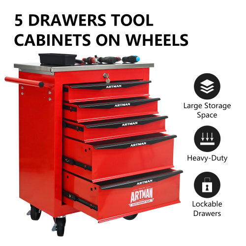 5 Drawers Multifunctional Tool Cart With Wheels,Metal Rolling Tool Cart Storage For Garage Workshop Warehouse Repair Shop - With Stainless Steel Roof - Red  Black - 5 - CJ