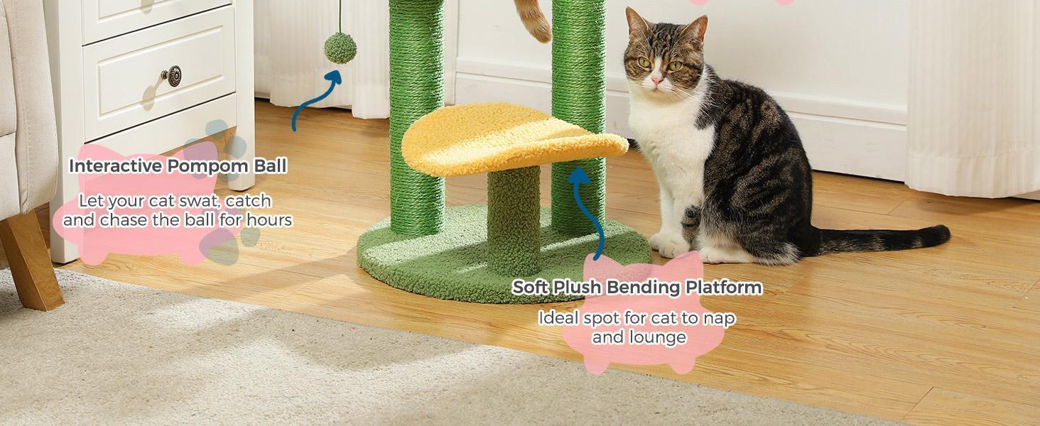 26 Inch Cactus Cat Tree With Bird's Eye View Flower Perch, Soft Cactus Top And Hanging Ball, Compact Vertical Structure For Indoor Cats - 5 - cjdroshippping