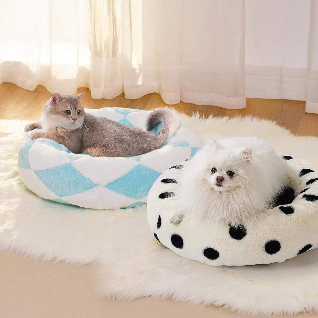 MEWOOFUN Donut Cat Bed For Indoor Cats - Round Washable Plush Pet Bed With Jacquard Shaggy Fabric & Non-Slip Bottom, Calming Small Dog Bed For Puppy & Kitten, 23 Inch Blue Check