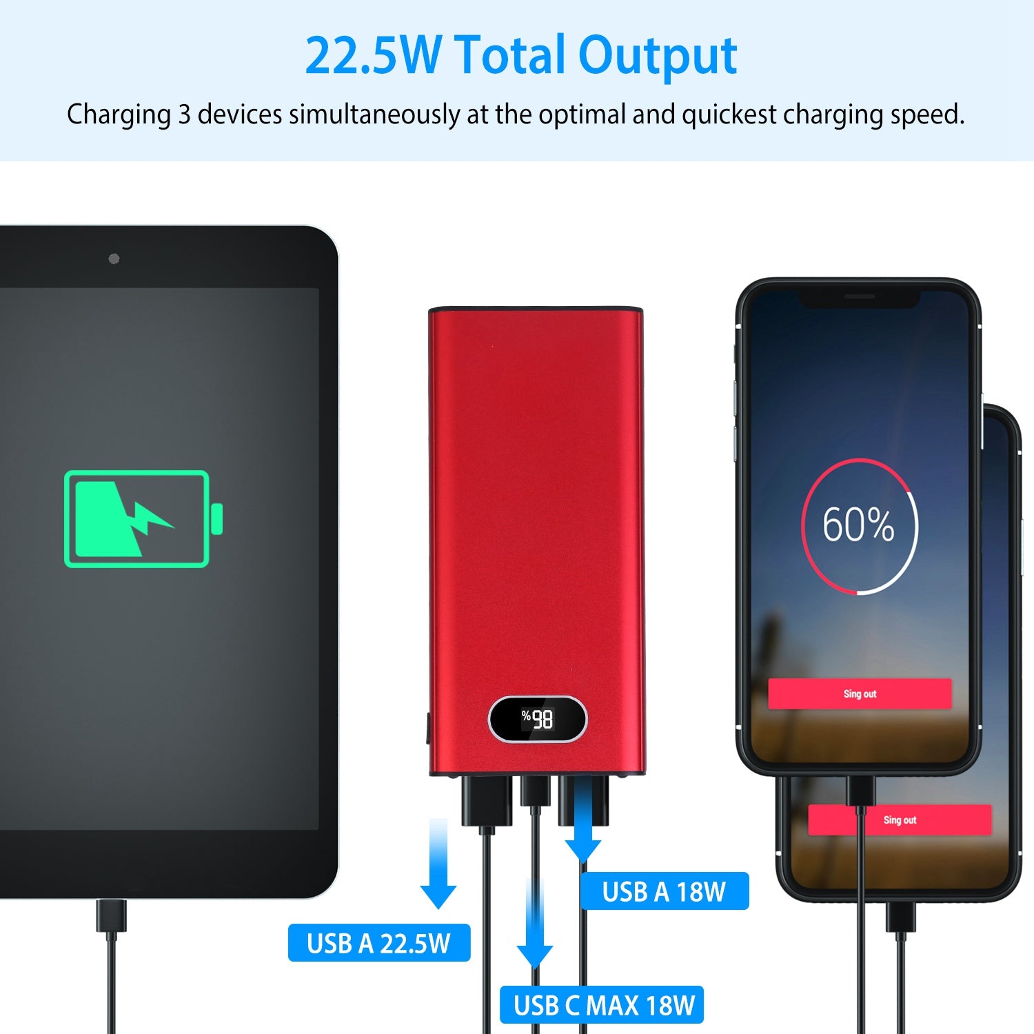 Green - Black - Red Color Options - 1Pc 20000Mah Power Bank Portable Charger External Battery Pack 22.5W Super Fast Charging With LED Display Flashlight Fit For IOS Phone - 5 - CJ
