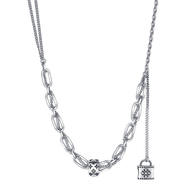 S925 Sterling Silver Print Necklace Women's Retro Style High Class Lock Tassel Chain Rework Double Layer Splice Sweater Chain - 4 - https://x.com/titan_prim62775J