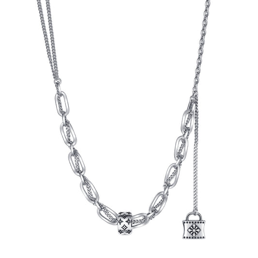 S925 Sterling Silver Print Necklace Women's Retro Style High Class Lock Tassel Chain Rework Double Layer Splice Sweater Chain - 4 - https://x.com/titan_prim62775J