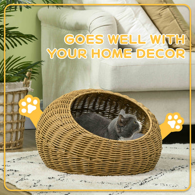 Rattan Cat Bed with Washable Cushion for Cats, Puppies, Light Brown - 5 - CJ