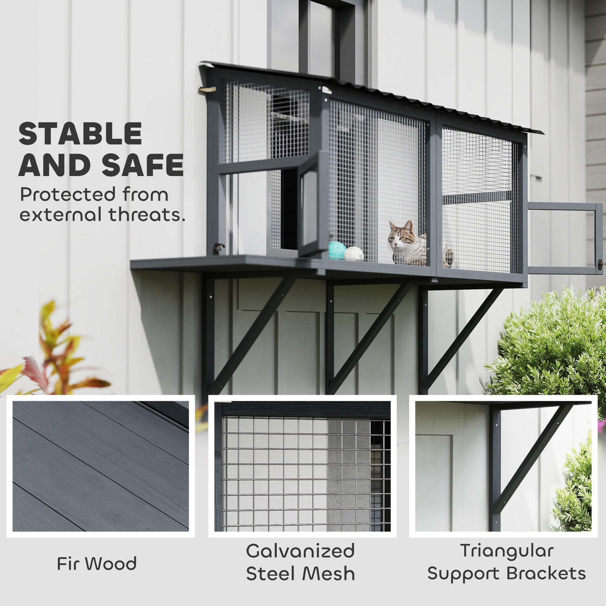 Wooden Cat Catio, Outdoor Cat Enclosure Window Perch With Jumping Platform, For Safely Enjoying Outdoor Sights, Gray - 5 - CJ
