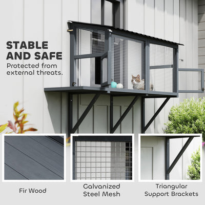 Wooden Cat Catio, Outdoor Cat Enclosure Window Perch With Jumping Platform, For Safely Enjoying Outdoor Sights, Gray - 5 - CJ