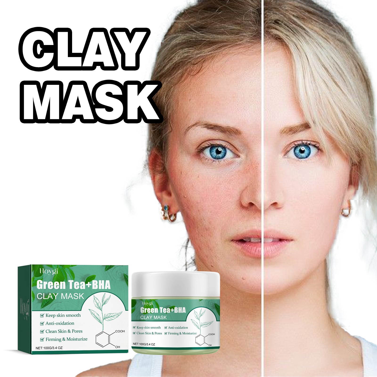 Hoygi Green Tea Cleansing Mud Mask, Facial Cleansing Moisturizing Whitening Skin Blackhead Acne Removing Mud Mask - 5 - CJ