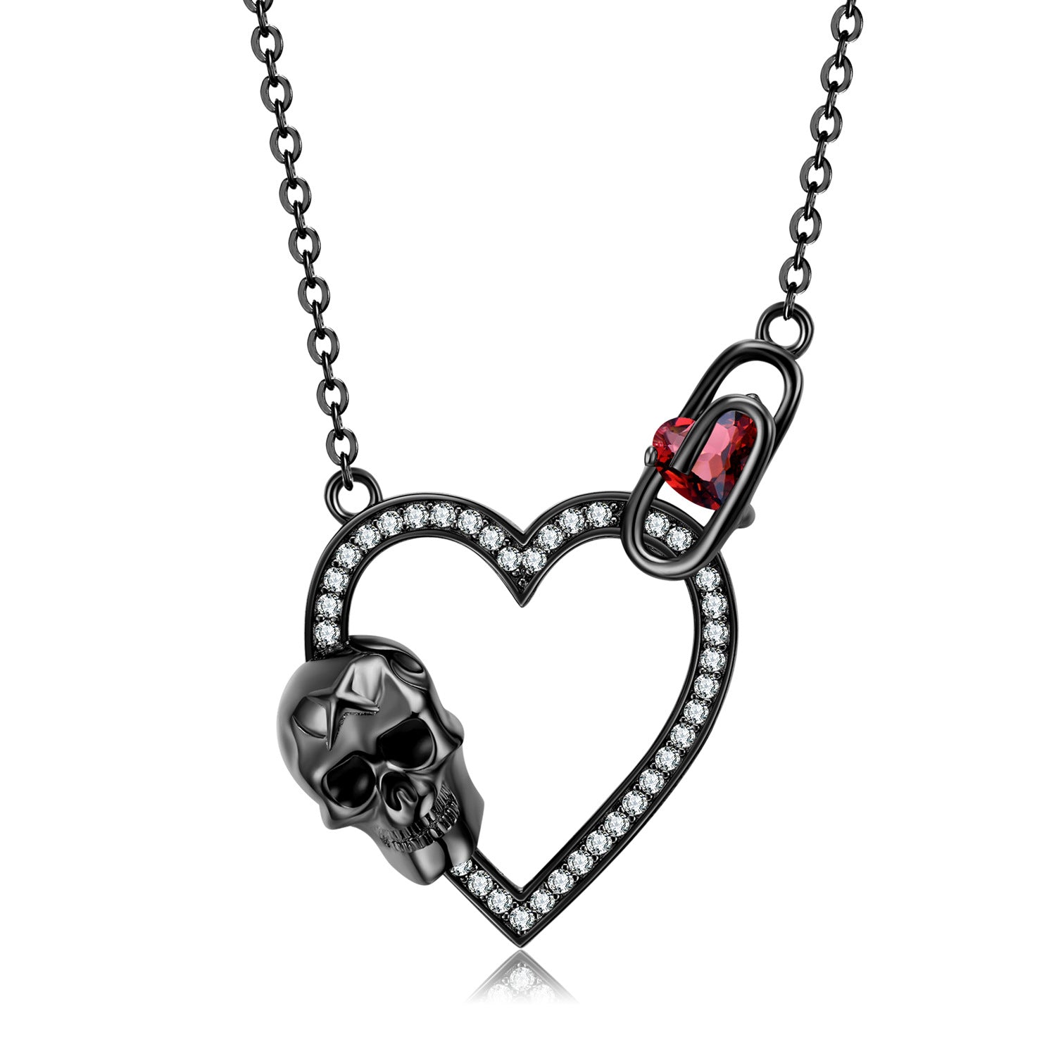 S925 Silver Plated Black Gold Zirconium Set Skull Heart Necklace Dark Retro Gothic Punk - 4 - CJ