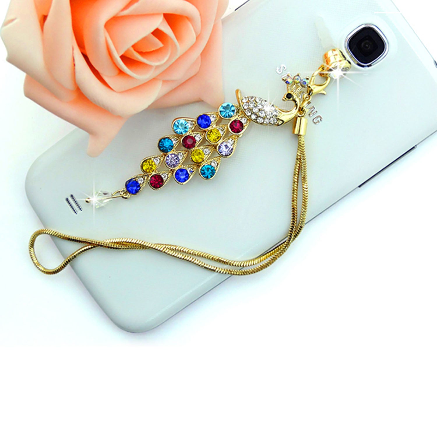 Colorful Crystal Diamond Peacock Dust Cap Pendant For Cell Phone 3.5mm Jack - 5 - CJ