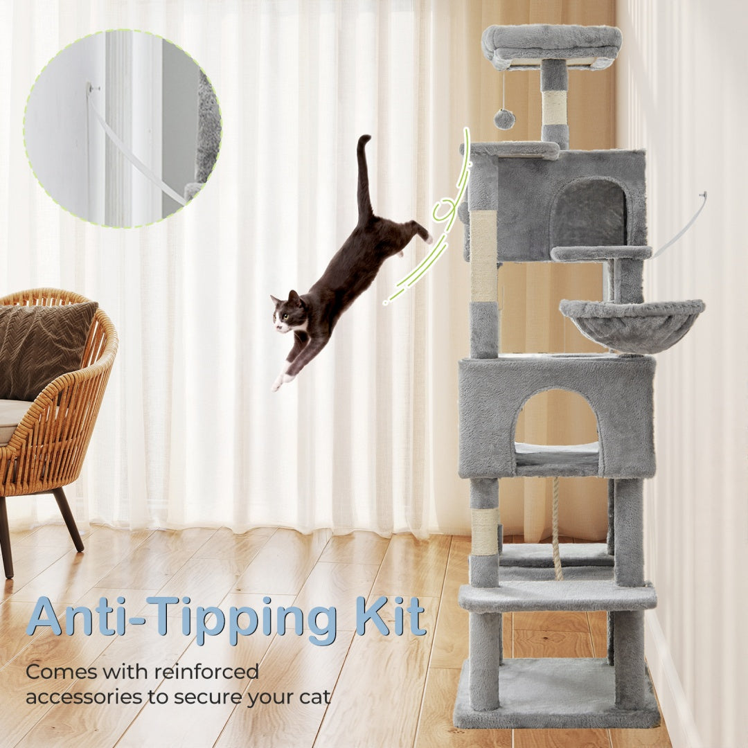 66 Inch Cat Tree Tower, Large Multi - Cat Climbing Extended Platform, Hammock, Pet House For Indoor Cats And Kittens Play - 5 - CJ