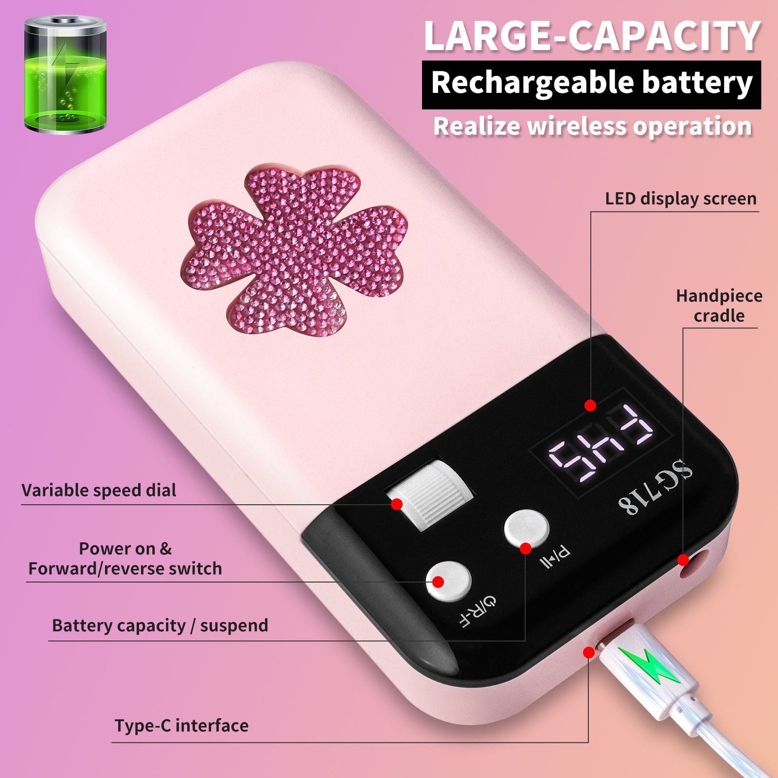 Rechargeable Nail Drill 45000 RPM - Electric Nail File For Shaping, Removing & Polishing Gel Nails - Lightweight & Easy To Use - Perfect For Home & Salon Manicure Pedicure - 5 - CJ