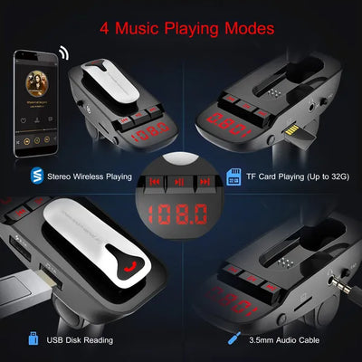 Car FM Transmitter W/ Wireless Earpiece 2 USB Charge Ports Hands - free Call MP3 Player - 5 - CJ