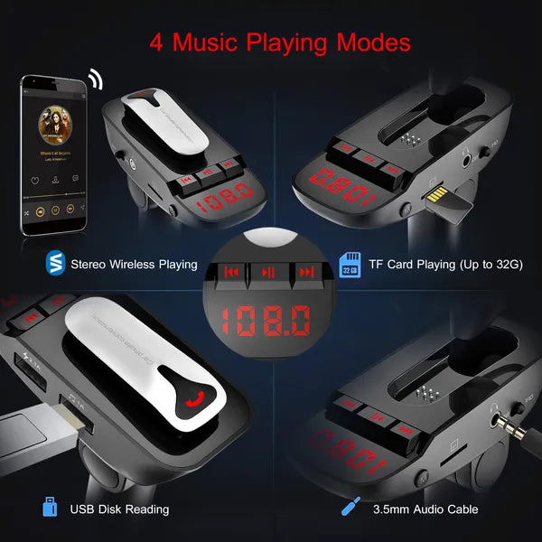 Car FM Transmitter W/ Wireless Earpiece 2 USB Charge Ports Hands - free Call MP3 Player - 5 - CJ