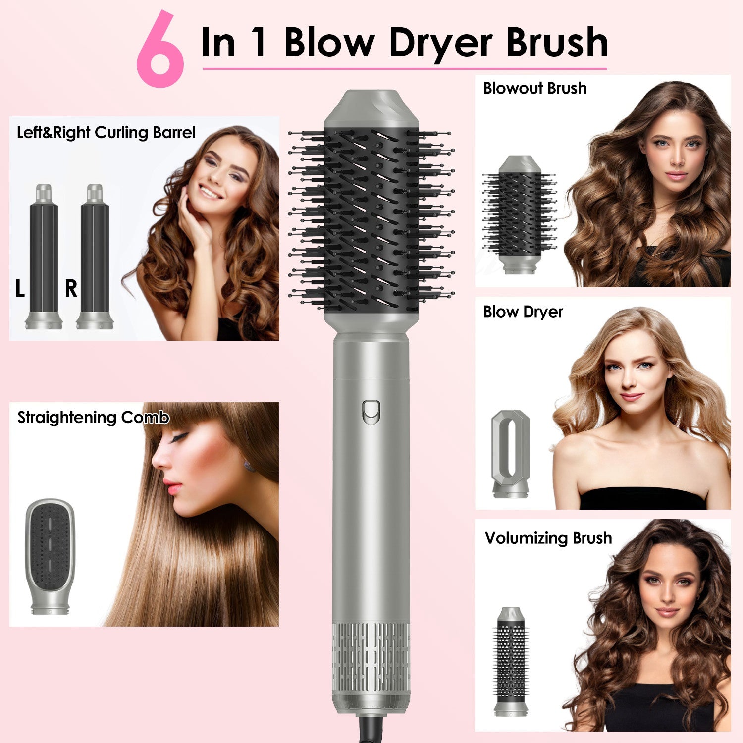 1Pc 6 In 1 Hot Air Styler Volumizer Straightener Curler Dryer Automatic Wrap Styler Hair Dryer Brush Set With 3 Temp Settings ALCI Plug Glove Cable Zip Tie - 5 - CJ