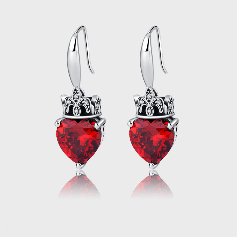 S925 Silver Crown Peach Heart Vintage Earrings Silver Ear Pendant - 4 - CJ