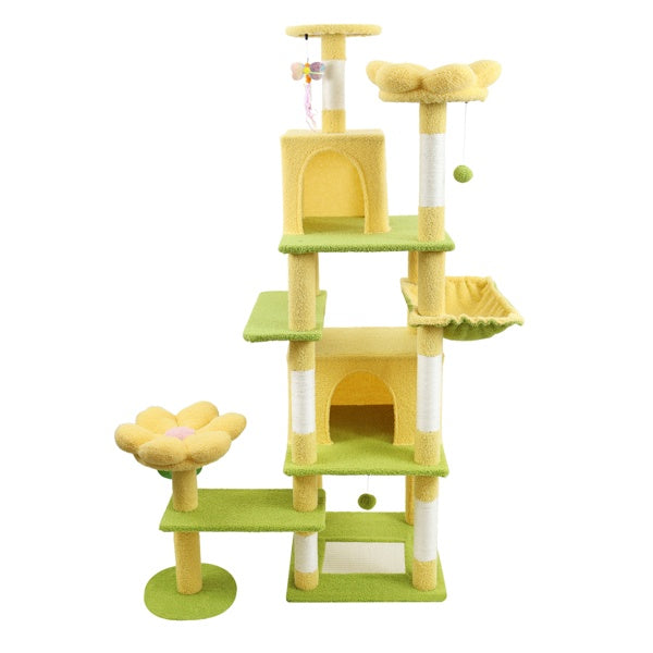 71 Inch Flower Cat Tree With Large Condo Removable Flower Cushion And Hammock Yellow - 5 - CJ