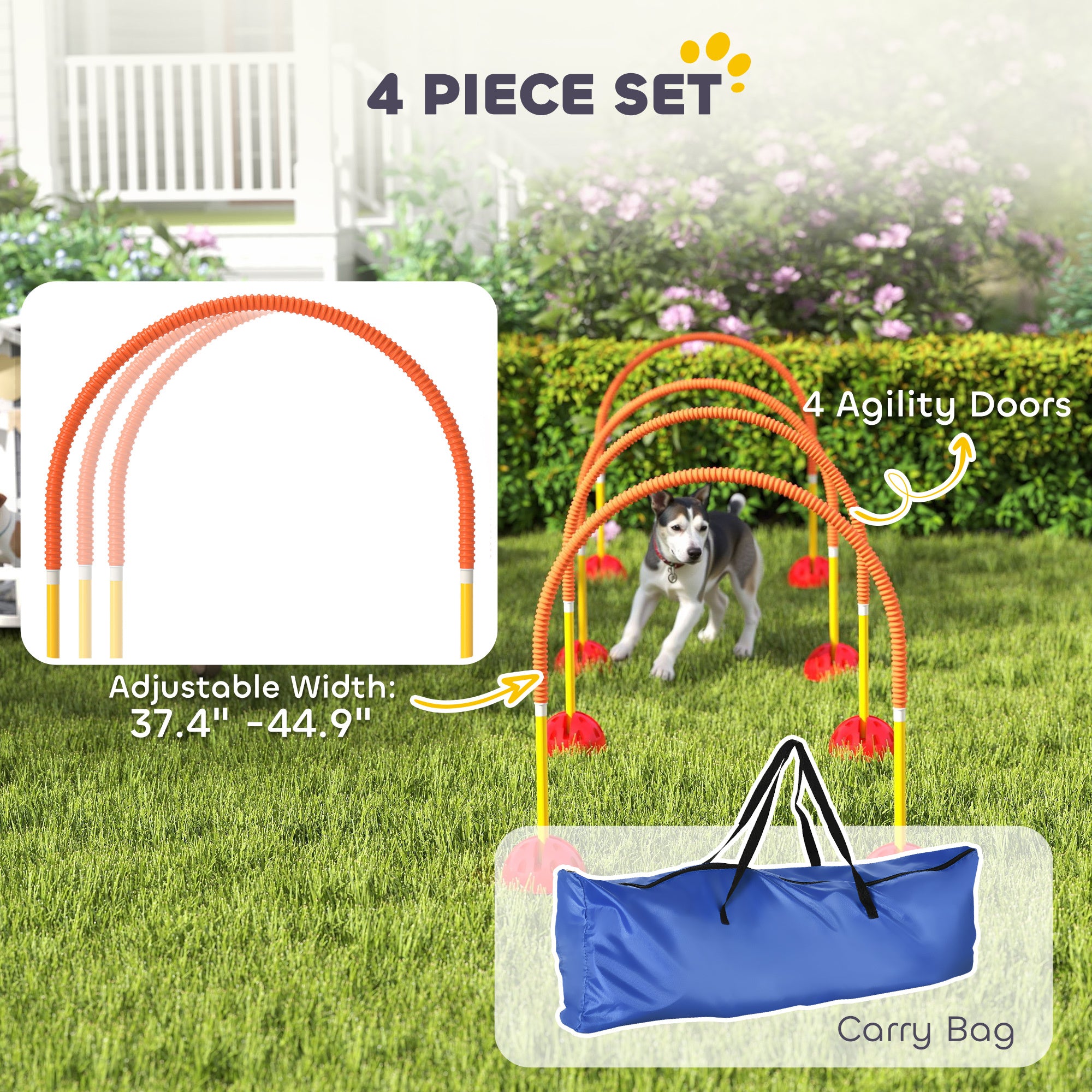 4 Piece Dog Agility Equipment W 4 Adjustable Width Doors, Carry Bag, Easy Assemble & Portable, Orange