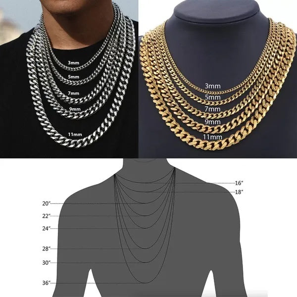 Stainless Steel Gold Silver Chain Cuban Curb Womens Mens Necklace - 5 - CJ