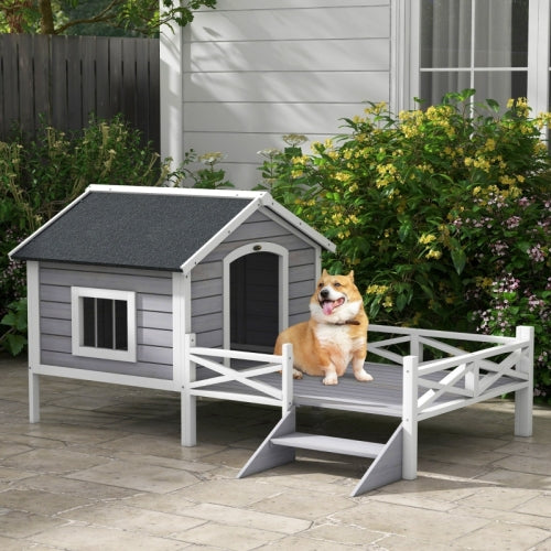 PawHut Small Medium Dog House With Porch, Grey - 5 - CJ