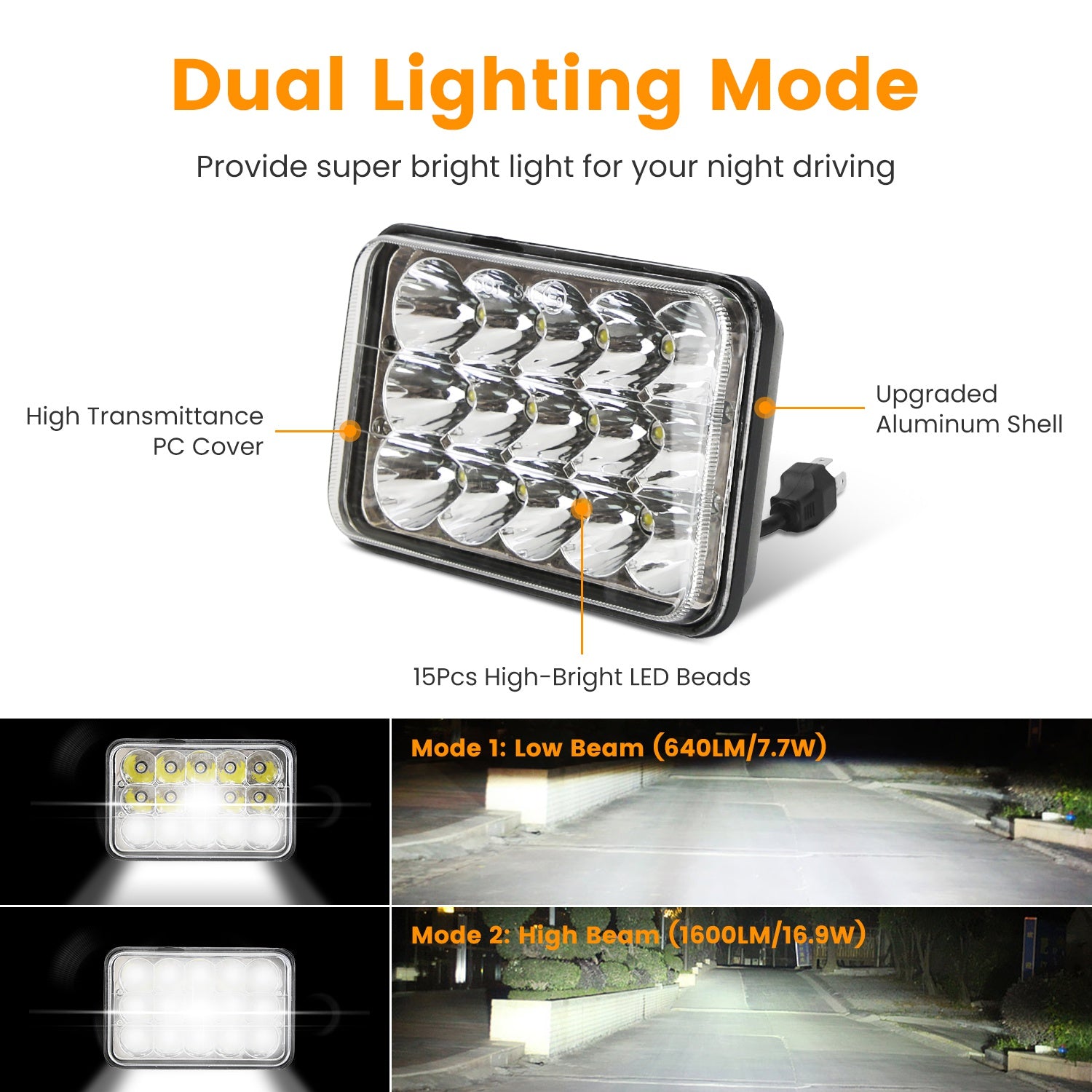 2Pcs 4x6in Car LED Headlights Vehicle Rectangular Headlamp With H4 Socket H4-to-3Pins Adapter With High Low Beam White Light IP68 Waterproof For 10-80V SUV Truck Sedan Car Motorcycle