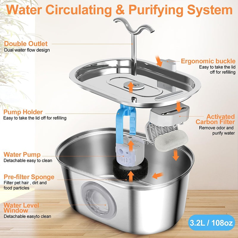 3.2L Cowhorn Model Pet Water Dispenser - Stainless Steel Automatic Water Fountain With 4 Replaceable Filters - 5 - CJ