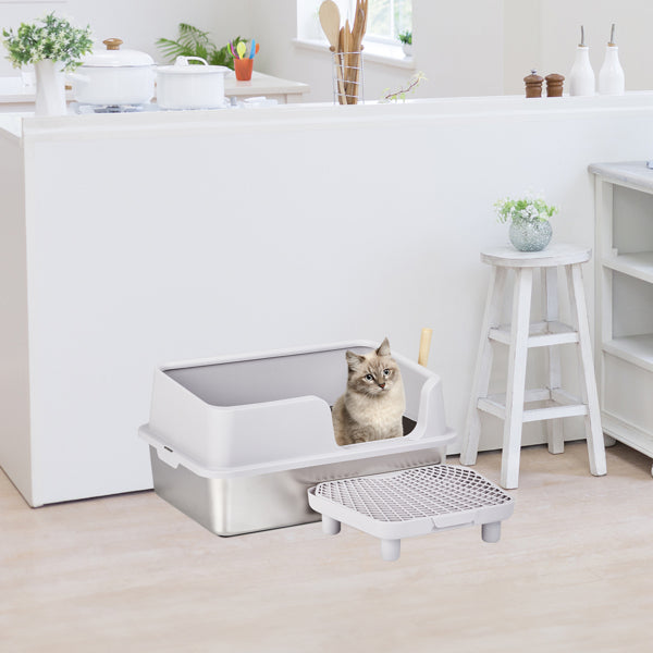 61x40x33CM, Litter Box, Stainless Steel And Plastic, Upper And Lower Snap Type, With Litter Spatula, Foot Pad - Grey - 5 - CJ