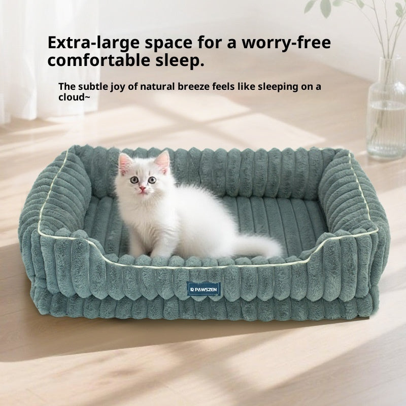 Striped Rabbit Fur Pet Bed Large Square Kennel - 0 - CJ