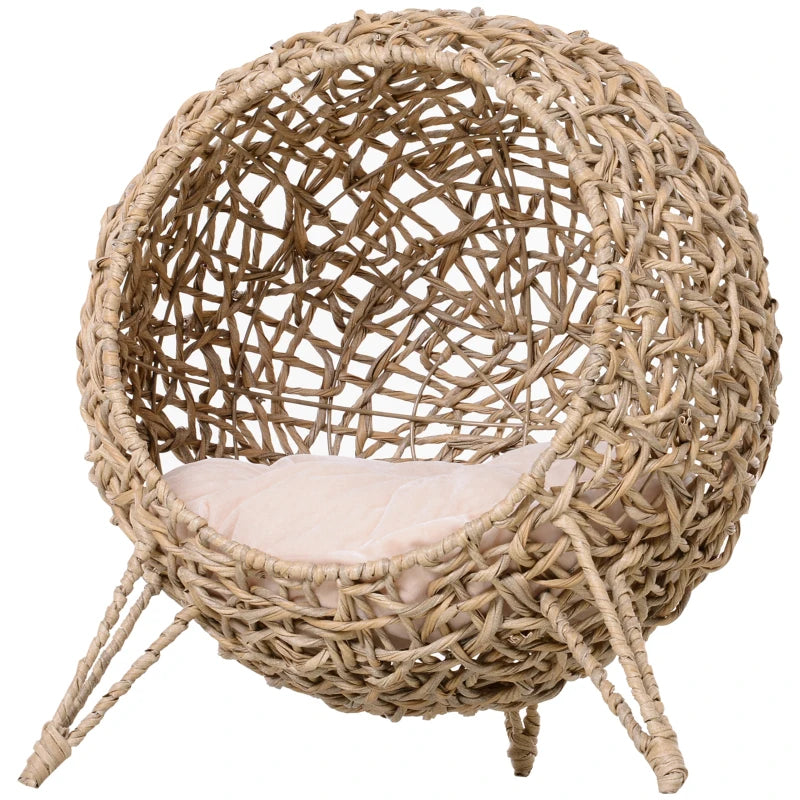Weaved Cat Bed, Elevated Hand - woven Braided Banana Leaf Kitten House Condo With Cushion, Beige - 5 - CJ
