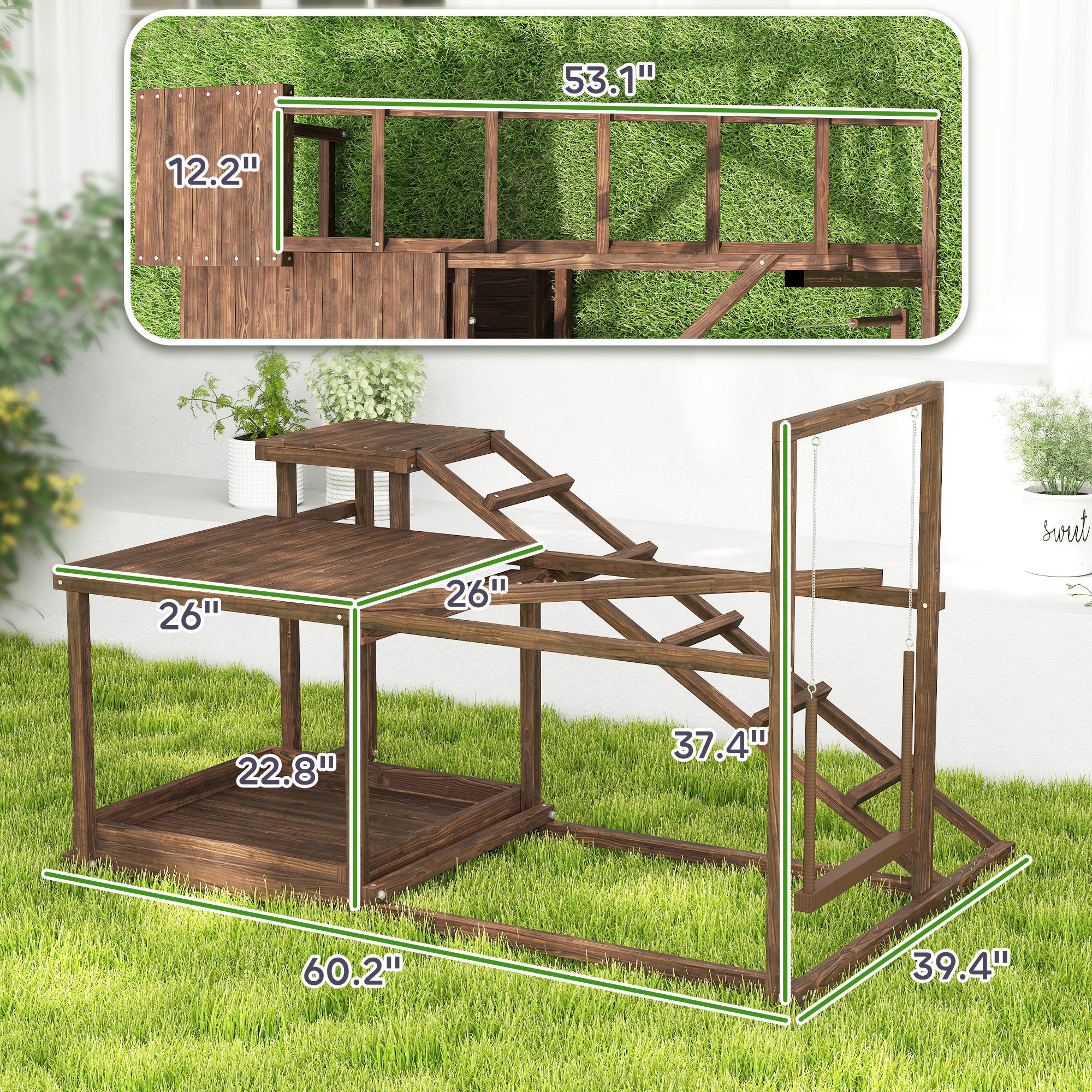 Wooden Chicken Activity Play Set With Perch, Swing, Ladder, Platforms, Feeder Storage, Coffee - 5 - CJ