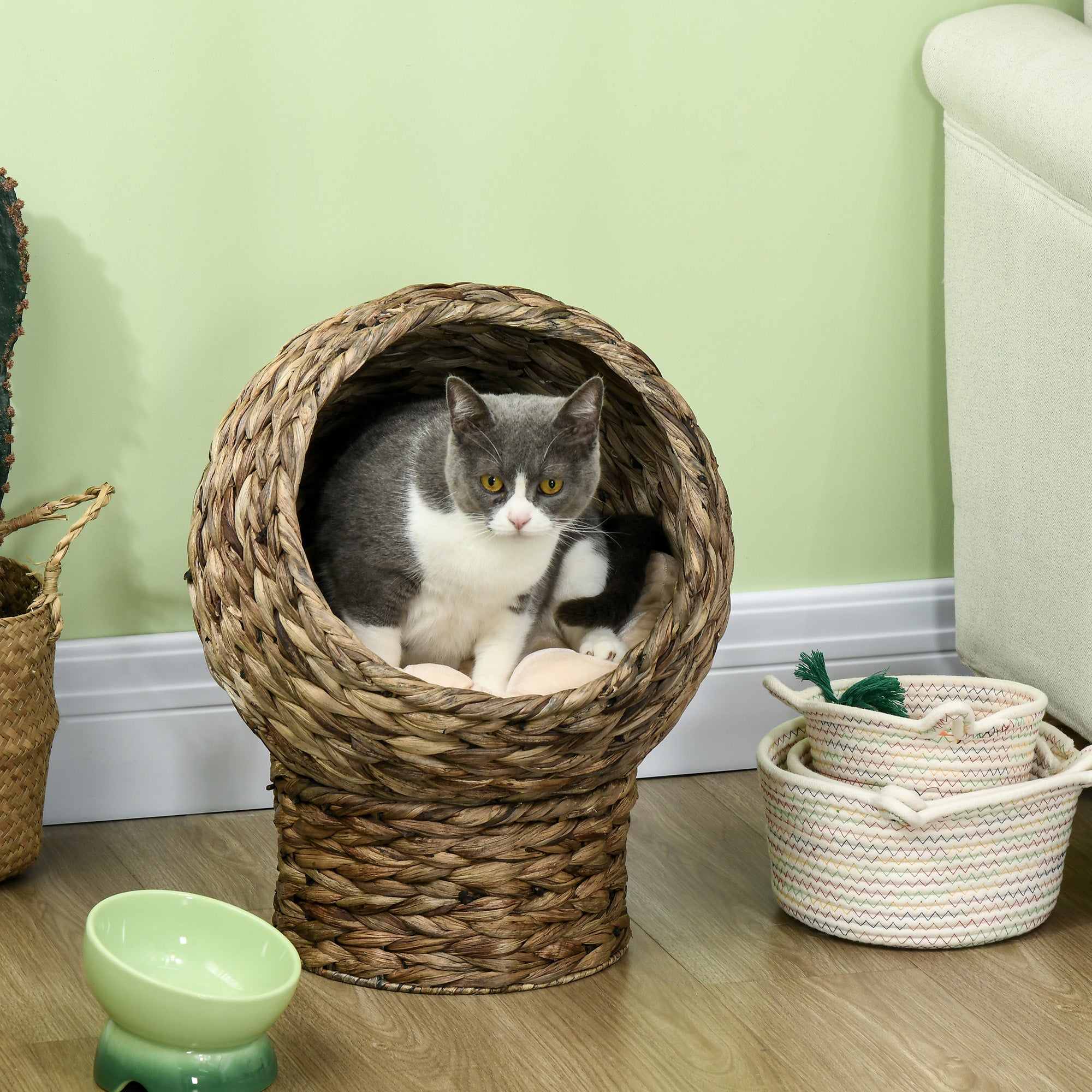 Handwoven Elevated Cat Bed with Soft Cushion & Egg Chair Shape, Basket Bed Kitty House with Stand, Raised Wicker House for Indoor Cats, 20" H, Gray - 5 - CJ