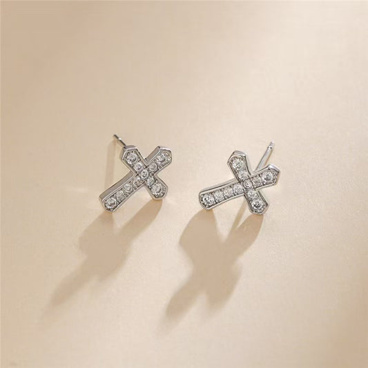 1 Pair Korean Trendy Zircon Cross Stud Earrings,Sparkling, Unisex.Hip Hop Piercing Jewelry - 5 - CJ