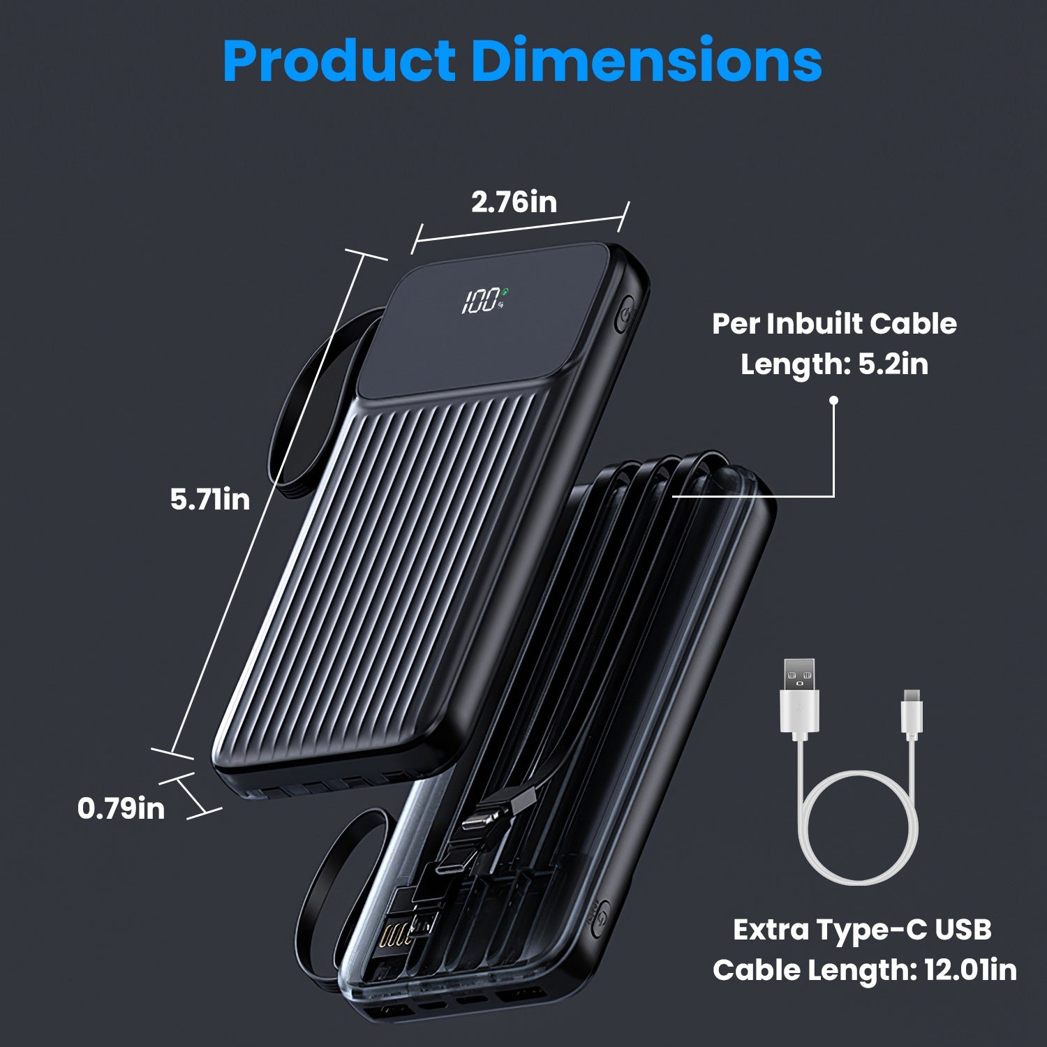 1Pc PD22W Fast Charger 20000mAh Fast Charging Power Bank Portable Charger With 4 Inbuilt Cables Digital Display Handle Fit For IOSPhone 15 14 Android And More - 5 - CJ