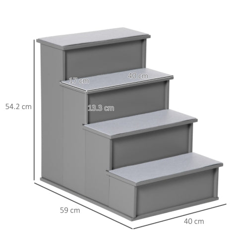 PawHut 4 Step Wooden Dog Steps Pet Stairs For Dogs, Cat Ladder For Bed Couch With Non - Slip Carpet 40 X 59 X 54.2 Cm, Grey - 5 - CJ