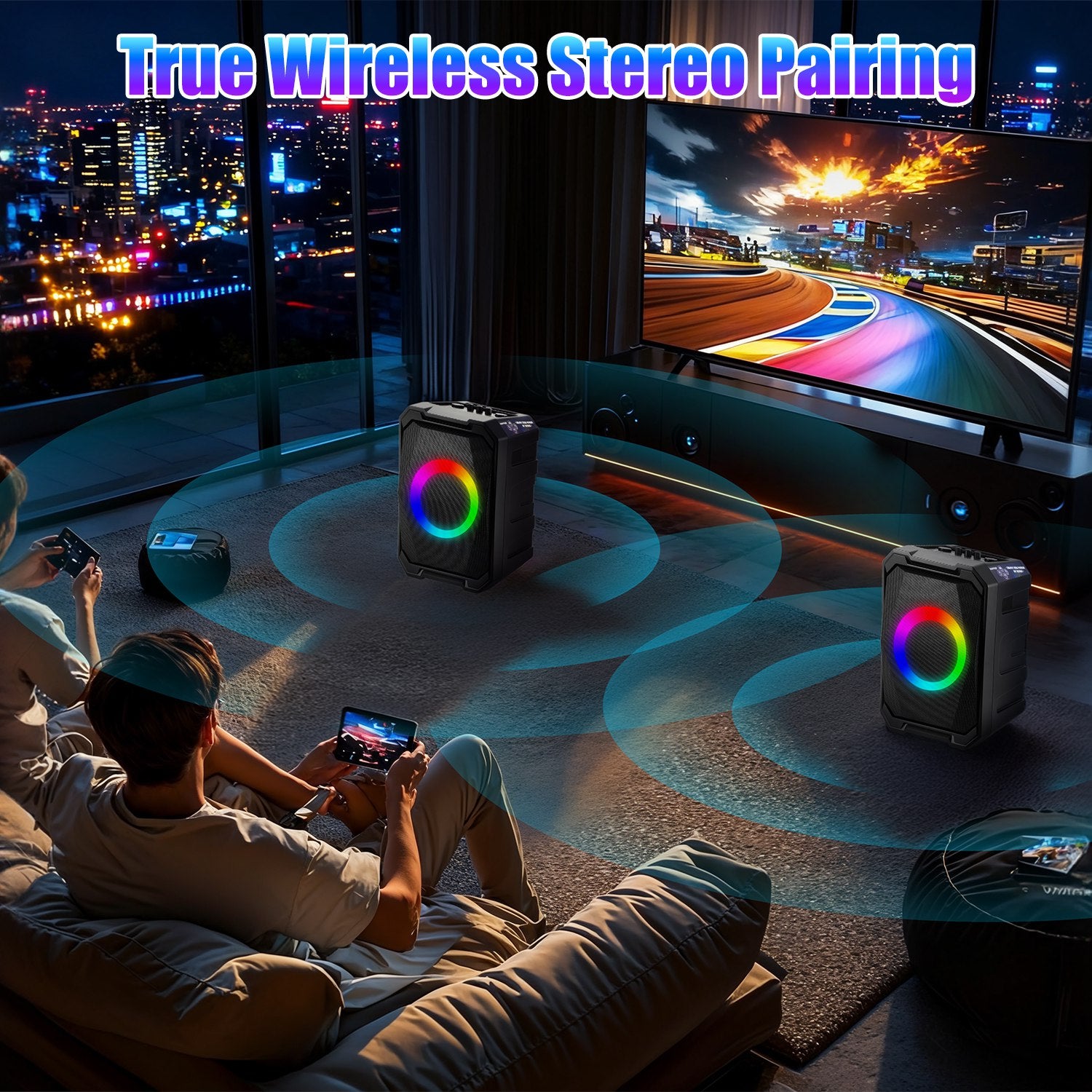 1Pc Portable Wireless Party Speaker With LED Light 2 Wireless Mics Remote Control TWS Music Accompany Mic. Priority Bass Echo Mic Treble Guitar In - 5 - CJ