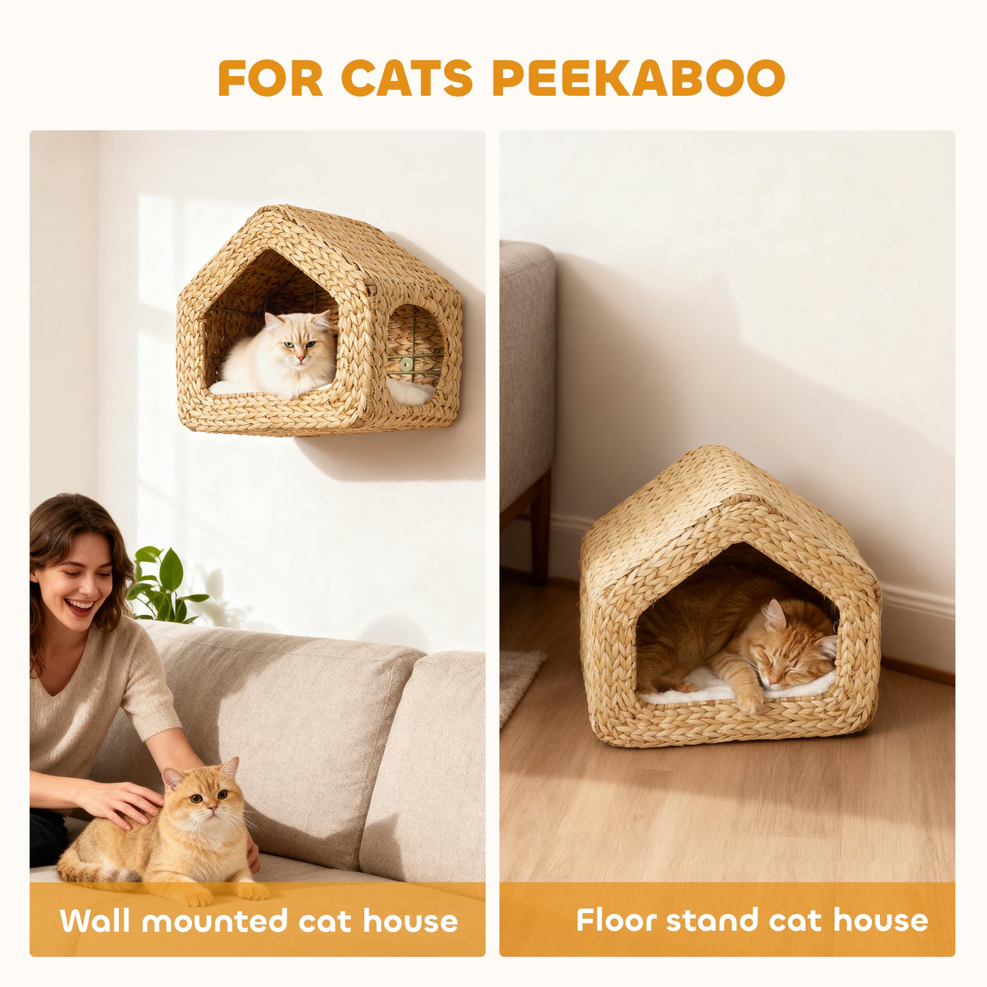 Wall Mounted Cat House, Cat Wall Furniture, Cat Wall Shelf with Washable Cushion, Natural - 5 - CJ
