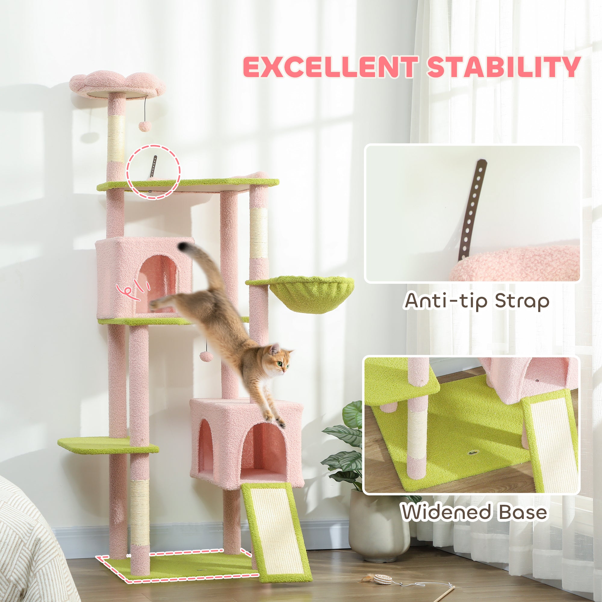 74" Flower Cat Tree, Large Cat Tower with Scratching Post & Board for Indoor Cats, Pink - 5 - CJ