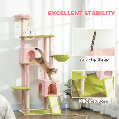 74" Flower Cat Tree, Large Cat Tower with Scratching Post & Board for Indoor Cats, Pink - 5 - CJ