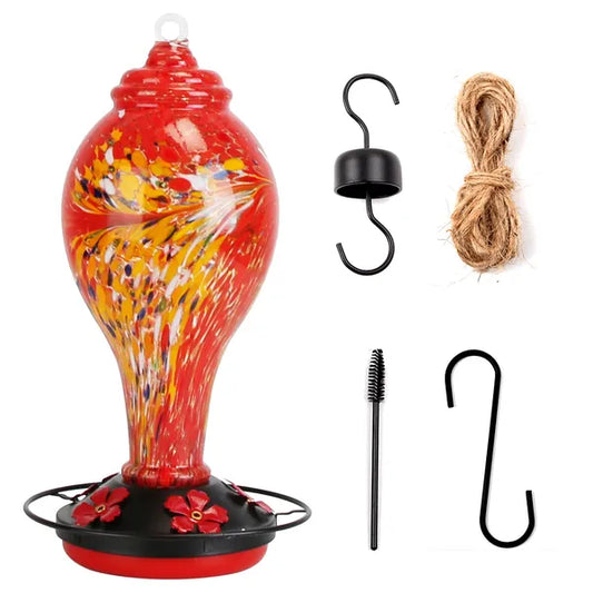 Glass Hummingbird Feeder 33OZ Hand Blown Hummingbird Feeder With 5 Flower Feeding Port Perch Ant Moat Hanging Hook S Hook Hemp Rope Cleaning Brush For Garden Backyard Decor - 5 - CJ
