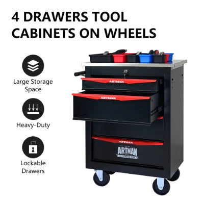 4 Drawers Multifunctional Tool Cart With Wheels,Metal Rolling Tool Cart Storage For Garage Workshop Warehouse Repair Shop - With Stainless Steel Roof - BLACK RED - 5 - CJ