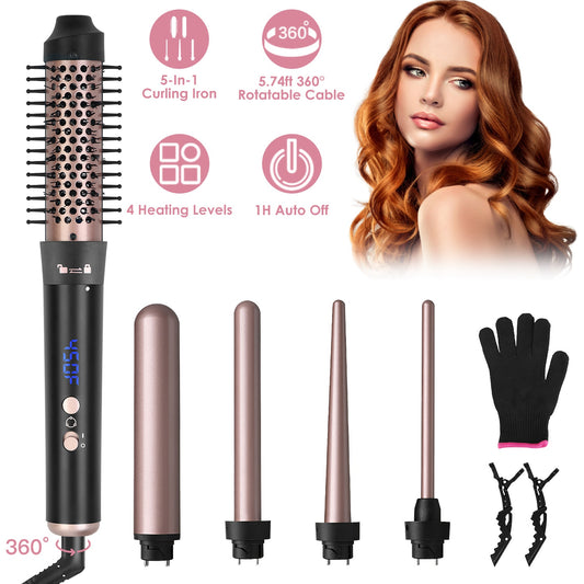 2 Type Options - 1Pc 5 In 1 Curling Wand Hair Curling Iron Brush Anti - Tangle Hair Thermal Brush Curler With 4 Heating Levels 360 Degree Rotatable Cable 5 Interchangeable Barrels 2 Clips 1H Auto Off - 5 - cjdropshipping