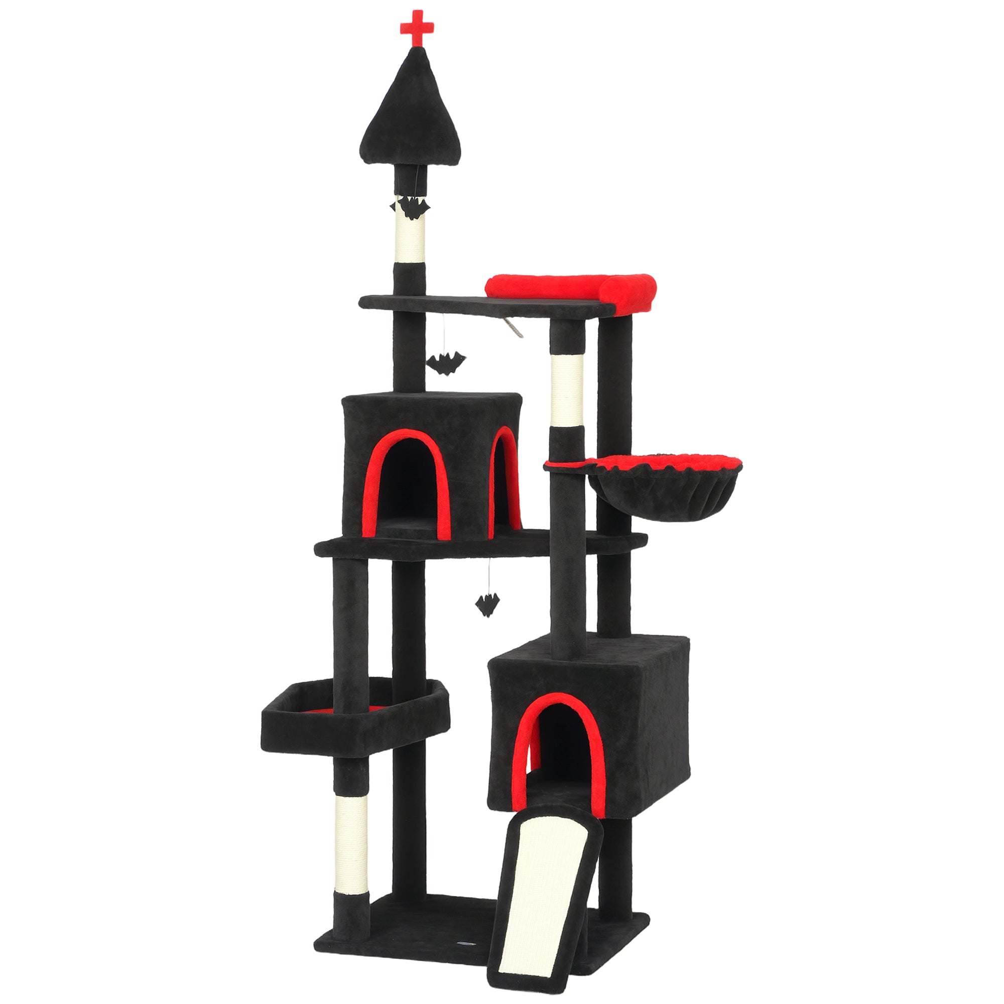 78" Gothic Cat Tree, Cat Tower with Coffin Bed, 2 Spacious Condos, Sisal Scratching Posts, Bat Hanging Balls, Halloween - 5 - CJ