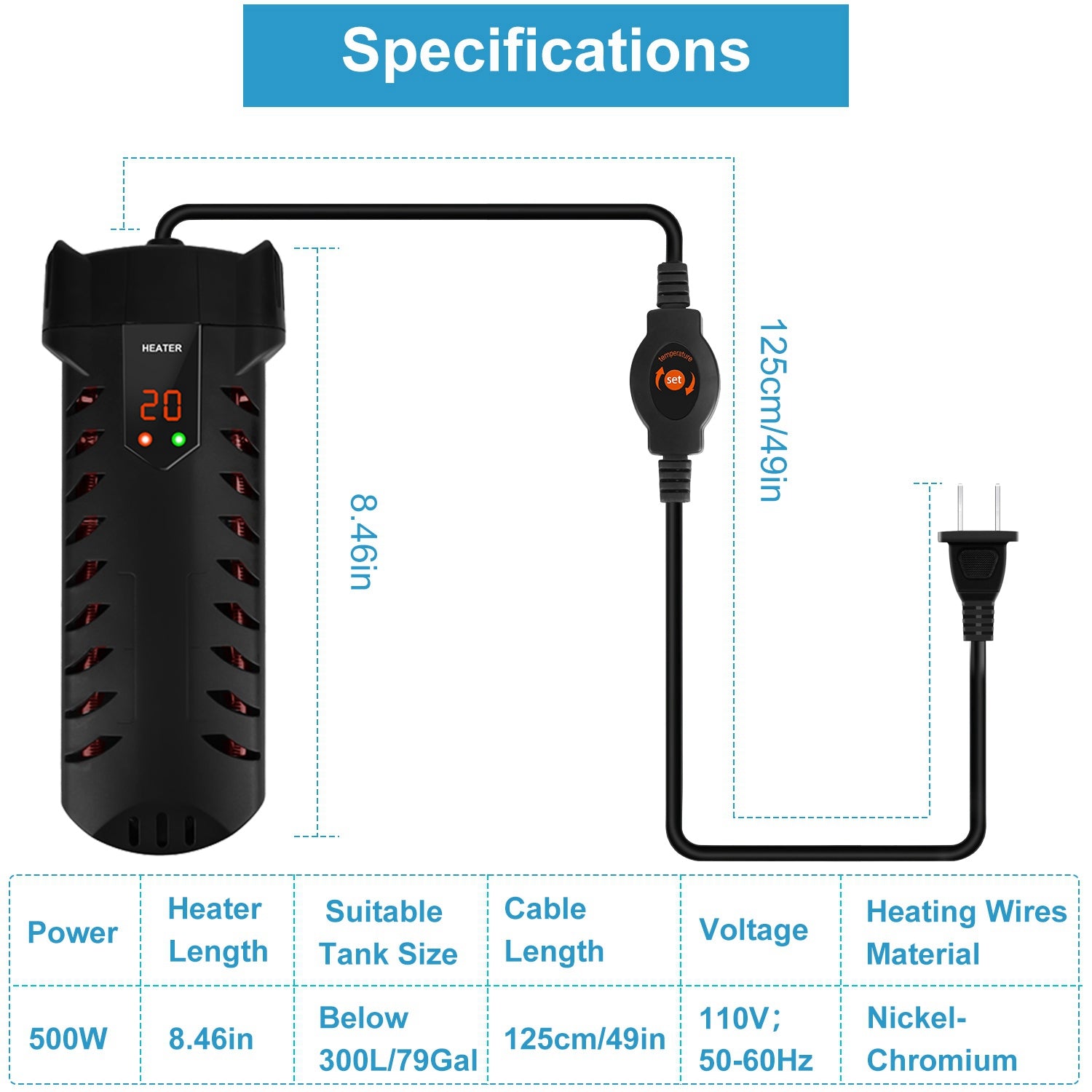 500W Submersible Aquarium Heater Temperature Adjustable External Controller 79Gal Fish Tank Heater Aquarium Thermostat Heater For Freshwater Saltwater - 5 - CJ