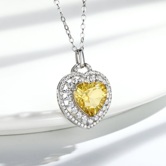 Natural Heart Shape Citrine Necklace Women's 925 Silver Full Set Exquisite Pendant - 4 - CJ