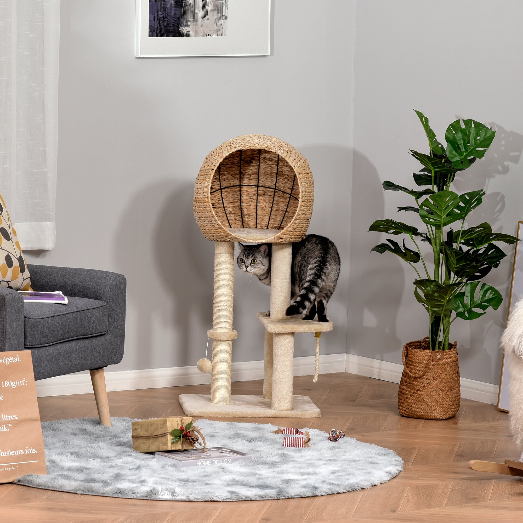 Cat Tree with Sisal Scratching Post Condo and Hanging Rope 39" H, Beige - 5 - CJ
