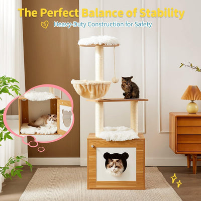 Solid Wood Cat Tree And Tower With Litter Box, Cat Scratching Board And Hammock For Indoor Large Cats - 5 - CJ