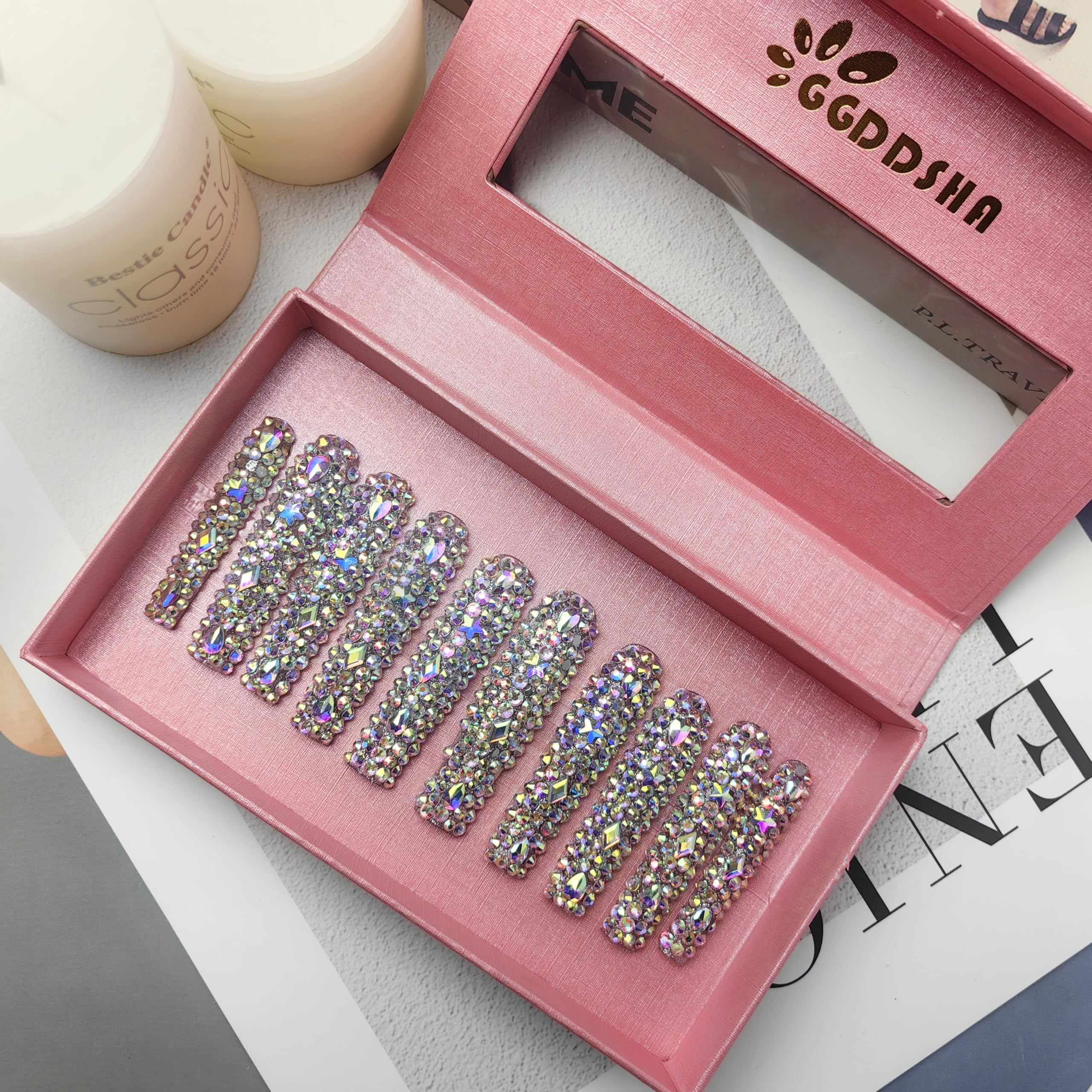 GGddsha 2025 Long Novel Design And Reusable PMMAAcrylic Press On Nails  Handmade Nails Full CoverLuxurious 3D Crystal False Nails With Box Gifts,Stellar Shine