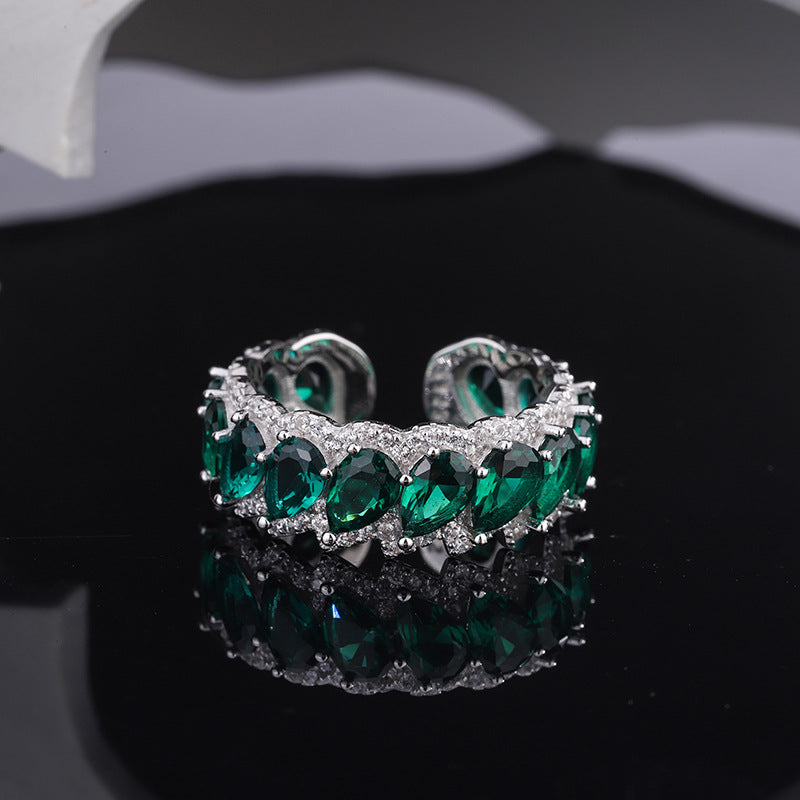 S925 Sterling Silver Green Dropstone Hollow Adjustable Ring - 4 - CJ