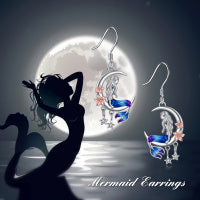Sterling Silver Mermaid Dangle Drop Earrings Crescent Moon Jewelry