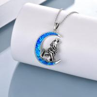 Sterling Silver Wolf Opal Moon Pendant Necklace Gifts for Women